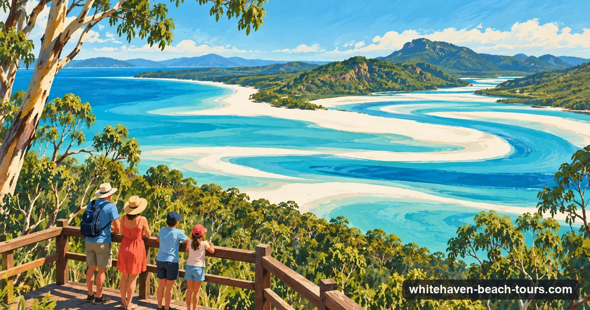 Illustration of visitors on the timber Hill Inlet lookout platform looking down on swirling white sand and turquoise water