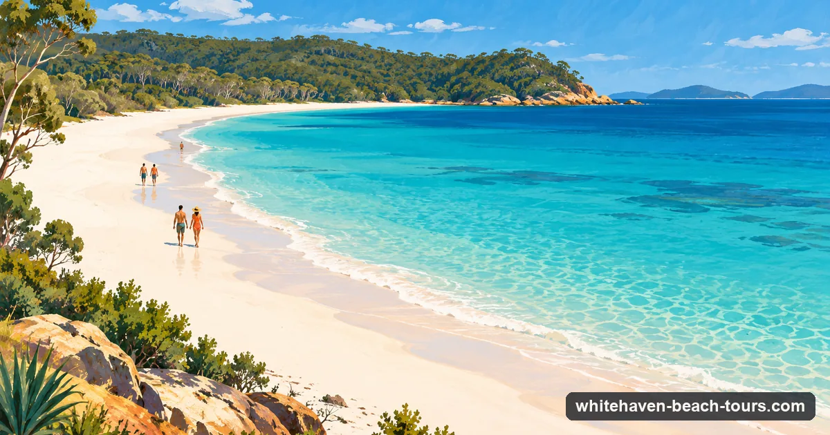 Illustration of a long empty stretch of white silica sand at Whitehaven Beach with a few people walking at the water's edge
