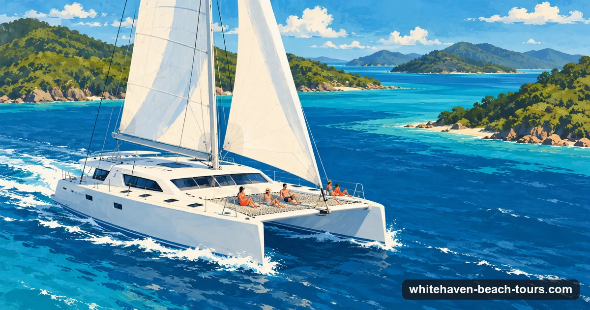Illustration of a large sailing catamaran under white sails passing green islands on the way to Whitehaven Beach