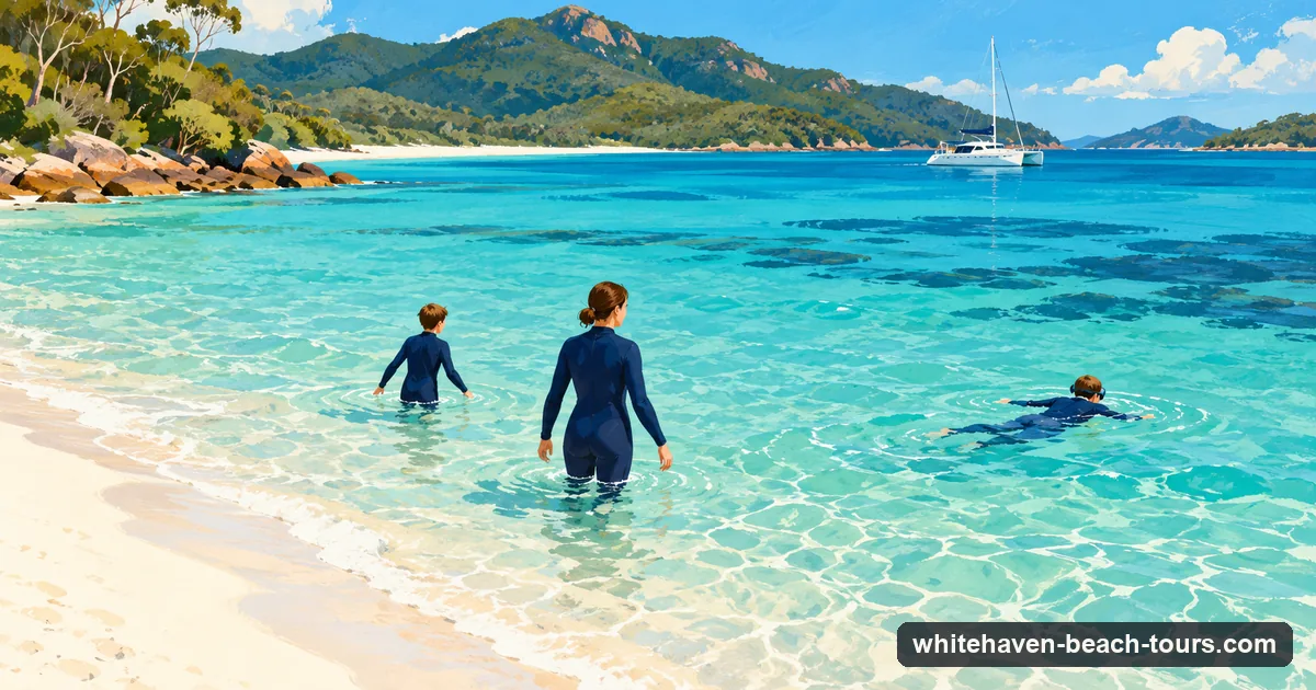 Illustration of swimmers in full-body stinger suits wading into clear turquoise water off Whitehaven Beach