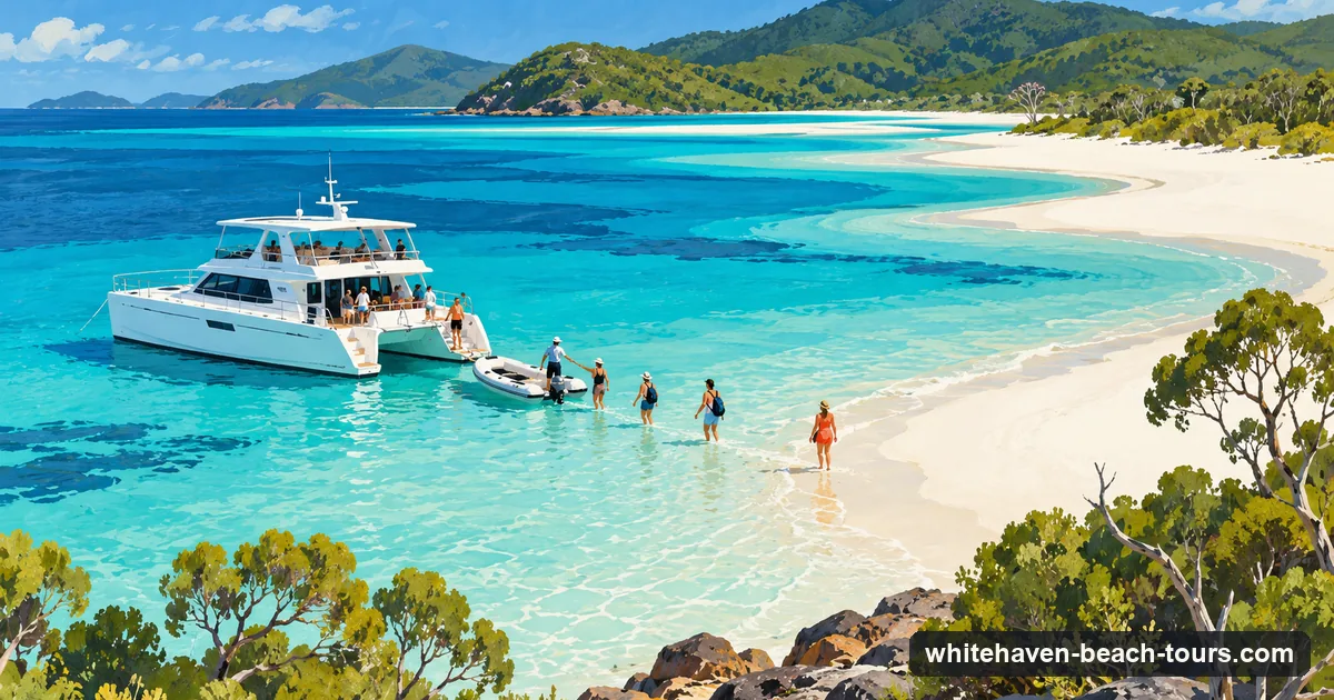 Illustration of a catamaran anchored off Whitehaven Beach with passengers wading ashore onto white silica sand