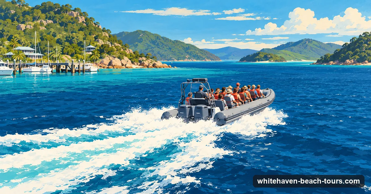 Illustration of a fast inflatable boat leaving Hamilton Island marina for Whitehaven Beach across the Whitsunday Passage