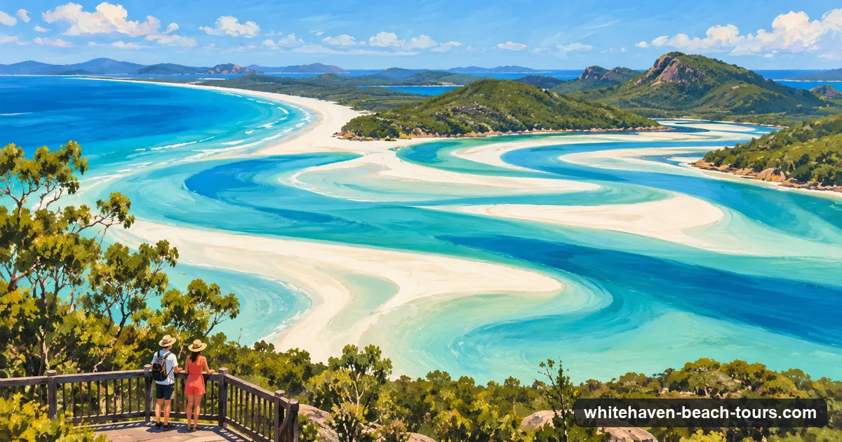 Illustration of Hill Inlet at low tide: white sand swirling through turquoise channels, seen from the lookout on Whitsunday Island
